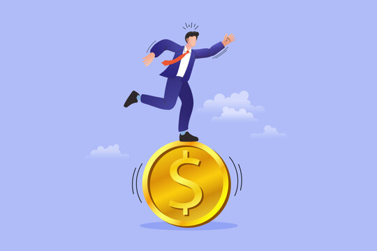 Businessman balancing on rolling gold dollar coin on soft purple blue background. Male executive managing financial risk, currency volatility and inflation crisis banner.