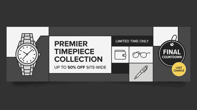 Timepiece collection advertisement showcases a luxury watch, wallet, glasses, and pen in a sleek minimalist layout for a site-wide sale event.