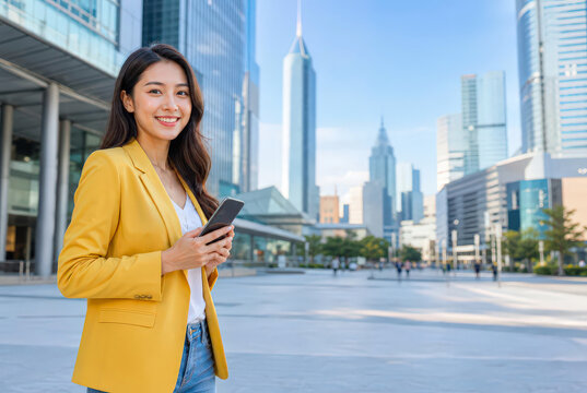 asian businesswoman in yellow blazer holding smartphone smiling in modern city financial district