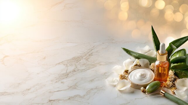 A serene beauty arrangement featuring skincare products and natural elements
