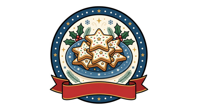 Cookies arranged as a star-shaped stack sit inside a decorative circular emblem featuring festive holly leaves and an empty red banner for customizable seasonal text and holiday branding needs.
