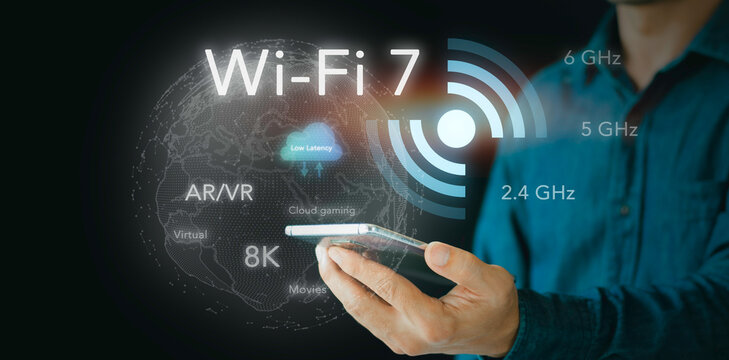 Man holding smartphone with futuristic Wi-Fi 7 wireless network interface. Concept of high speed internet connection, tri band frequency, low latency cloud gaming, and 8K streaming technology.
