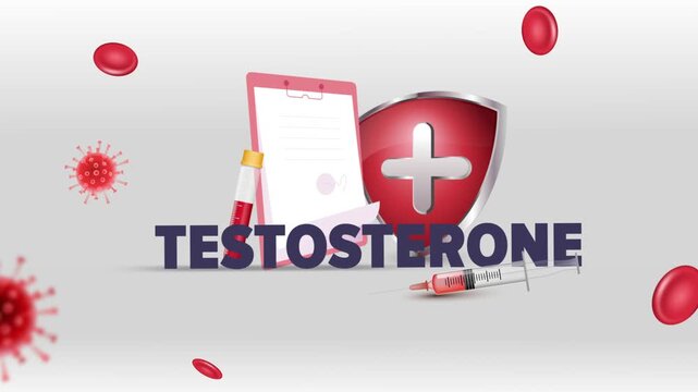 Testosteron Typography with Patient Clipboard, Blood Test Tube, Syringe, Red Cross Shield and Red Blood Cells on White Background