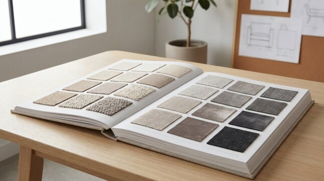 Open sample book displaying various fabric and carpet swatches for interior design and home decor on a modern wooden desk.