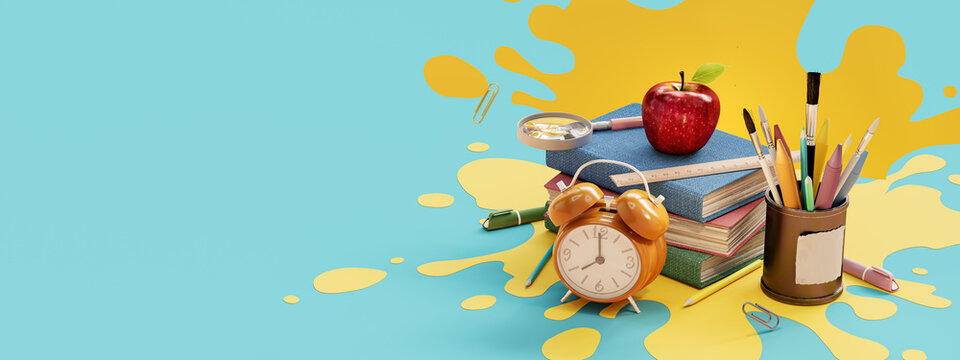Back to school. School accessory on blue background with copy space. 3D Rendering, 3D Illustration