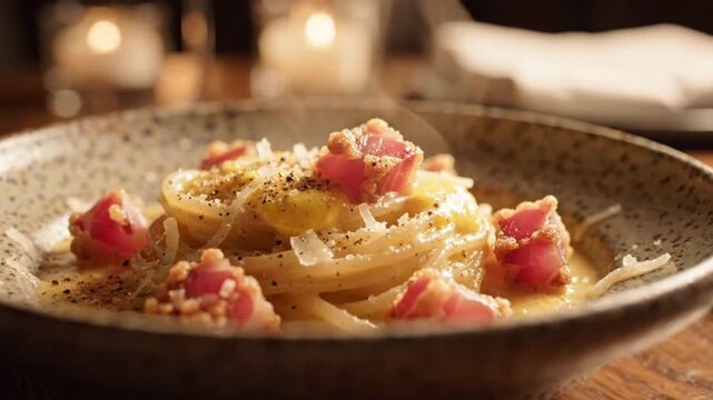 Chef Grating Fresh Parmesan Cheese Over Hot Spaghetti Carbonara with Raw Egg Yolk and Guanciale