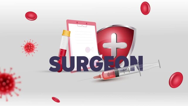 Surgeon Typography with Patient Clipboard, Blood Test Tube, Syringe, Red Cross Shield and Red Blood Cells on White Background