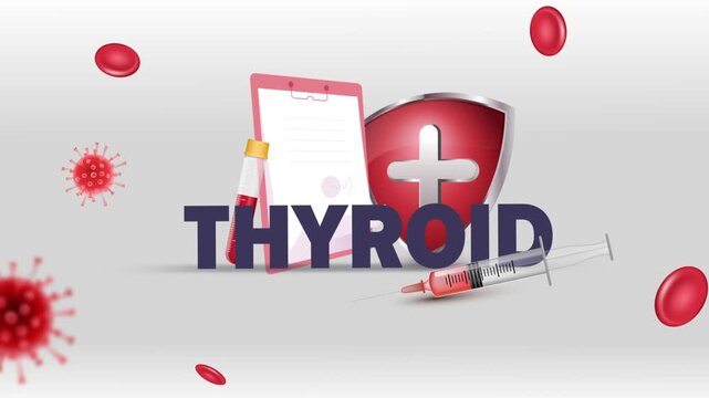 Thyroid Typography with Patient Clipboard, Blood Test Tube, Syringe, Red Cross Shield and Red Blood Cells on White Background