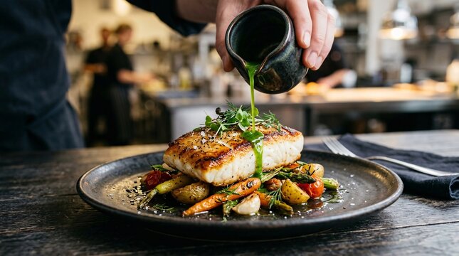 Gourmet presentation of a perfectly seared thick white fish fillet resting on roasted vegetables, as a chef pours bright green herb oil.