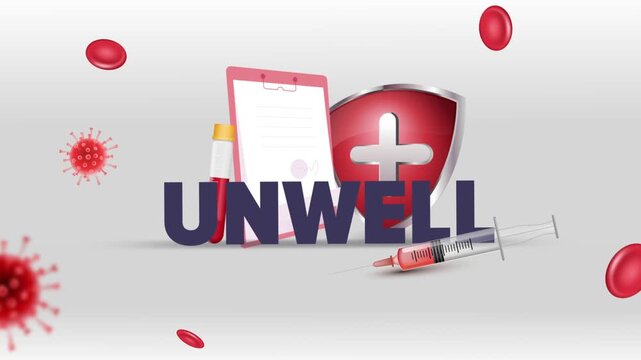 Unwell Typography with Patient Clipboard, Blood Test Tube, Syringe, Red Cross Shield and Red Blood Cells on White Background