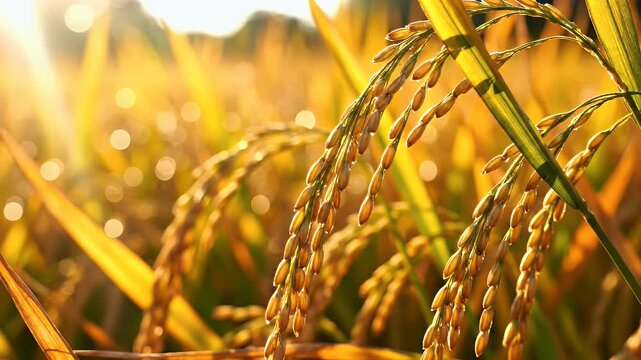 Golden rice stalks bathed in warm sunlight, dew drops glisten on grains
