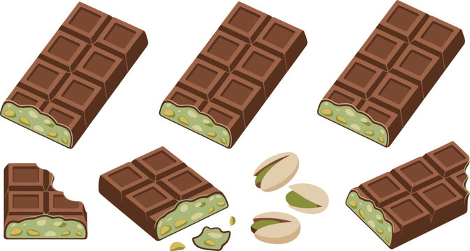 Flat vector illustration set of milk chocolate bars filled with green pistachio cream isolated on white background including whole broken and bitten pieces.