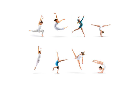 Solo acrobatic tricks and gymnastics jumps set, ai generated. Collection of individual acrobats with dynamic leaps, hand balances, inversions and flexibility trick, isolated on white background.