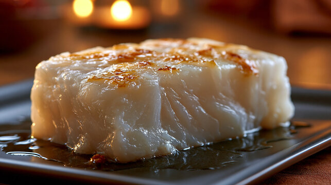 Fresh raw white fish fillet portion on dark plate with blurred candle lighting