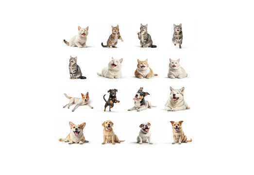 Happy dog and cat emotions set, ai generated. Animals displaying cheerful facial expressions, playful poses and smiling faces, isolated on white background. Mixed domestic pets in various positions.