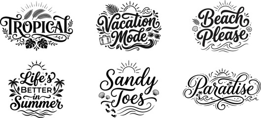 Summer typography designs hand lettered quotes for vacation beach vibes and tropical paradise merchandise, Summer typography bundle © Champa