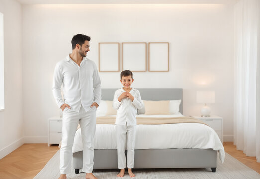 Father and son wearing family pajamas in bedroom, ai generated. Happy dad and young boy matching white pajama together. Cozy morning lifestyle scene with parent-child bonding and bedtime clothing.