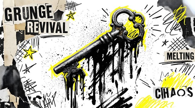 An antique key is dripping black paint against a background of grunge elements, with text reading GRUNGE REVIVAL and MELTING CHAOS.