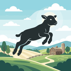 A cute black lamb jumping in a sunny rural farm field © tripoint