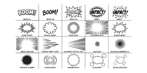 Set of comic book action sound effects and speech bubbles in black and white line art style © Sharmin