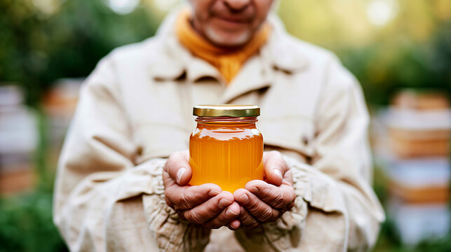 Beekeeper holding jar of golden honey in cupped hands outdoors. Natural apiary product, rustic beekeeping lifestyle concept. Sweet organic food, artisan farming, warm sunlight closeup presentation.