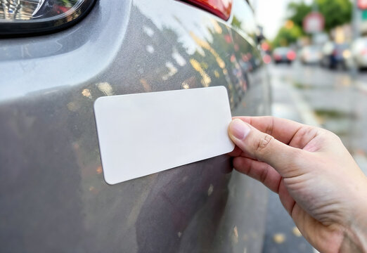Blank rectangle car sticker mockup applied to vehicle body, ai generated. Realistic adhesive decal with rounded corners on car surface for logo, presentation, branding, fleet ad, custom vinyl decals.