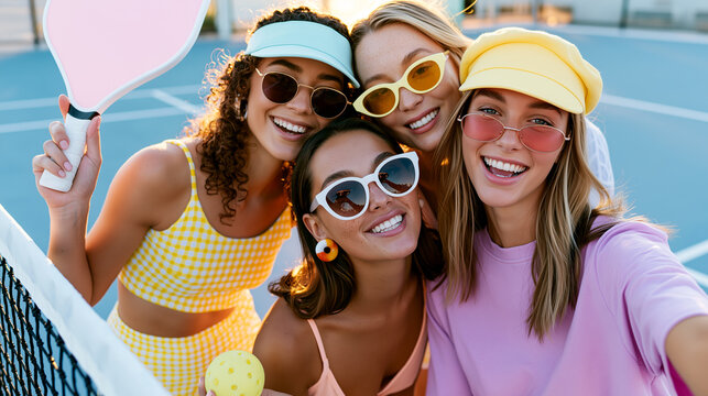 Pickleball lifestyle scene showing smiling women taking a selfie after a match, celebrating friendship, teamwork, fitness, confidence, social connection, and modern sport culture.