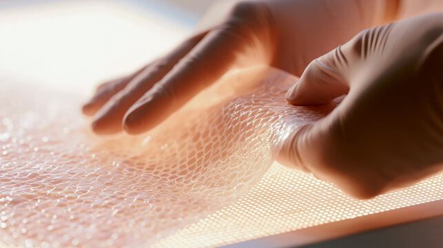 Artificial skin transplantation concept showing gloved hands handling a translucent biomaterial membrane, highlighting regenerative medicine, collagen texture, wound care, and biomedical innovation.