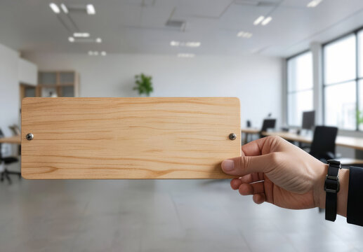 Blank wooden nameplate mockup held in office interior, ai generated. Natural wood sign with blurred workspace background. Signage for custom engraving, door signs, business branding or reception.