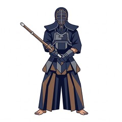 Fototapeta premium Japanese kendo warrior in full armor holding bamboo shinai sword ready for martial arts training