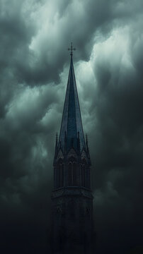 Church steeple stands tall against a backdrop of dark, foreboding storm clouds gathered in the sky. The gothic architecture is highlighted by the dramatic lighting of an approaching weather front.
