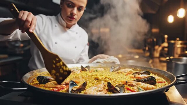 Female Caucasian Chef Stirring Paella Pan In Bustling Restaurant Kitchen With Steam Rising Saffron Rice Studded With Mussels And Shrimp Chef In White Toque Concentrating While Stirring With Wooden.