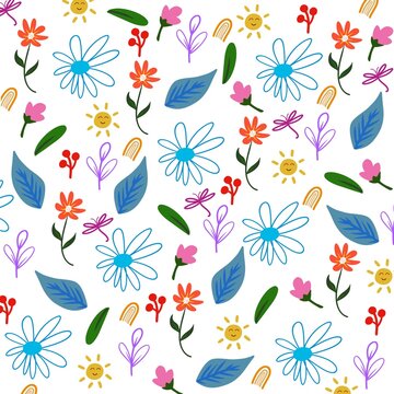 Cute Hand Drawn Colorful Floral Seamless Pattern with Flowers, Leaves, Dragonflies and Sunshine