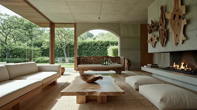 Modern living room with concrete, wood, and fireplace, overlooking lush garden