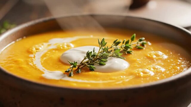 Creamy Pumpkin Soup Rustic Bowl Steaming, Thick Velvety Texture Topped Sour Cream Dollop And Fresh Thyme Sprig, Warm Ambient Lighting, Closeup On Pottery Bowl, Farmhouse Table, Comforting Autumn Mood.