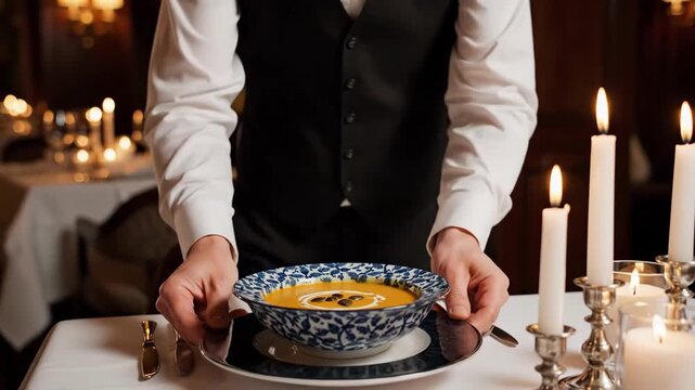 Candlelit Restaurant Waiter Serving Soup In Ornate Bowl, Warm Amber Lighting, Crisp White Napkin, Polished Silverware, Formal Vest, Intimate Table Setting With Candles And Porcelain Tableware.