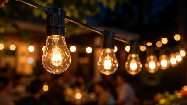 Decorative string lights glowing in outdoor garden at night  