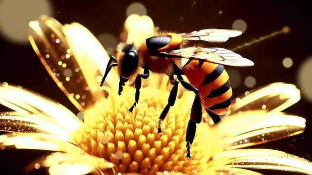 Close up of a bee on a golden flower with bokeh background