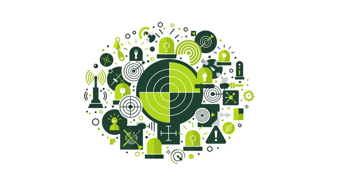 Cyber Security and Monitoring Dashboard Concept Illustration with Radar Scope, Targets, and Warning Icons in Modern Green Flat Style