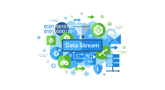Data Stream Concept Illustration for Cloud Computing, Big Data Processing, and Network Management with Binary Code and IT Infrastructure Icons