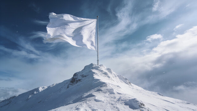 Pristine white flag flying high on a snow-covered mountain peak