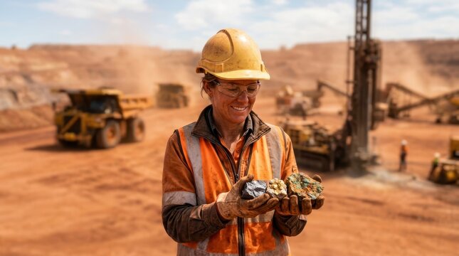 Geologist holding iron ore, gold, and copper samples at a red dust mining site with haul trucks, drill rig, and earthworks in the background.