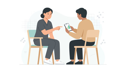 Fototapeta premium Nurse and patient discussing medical chart on smartphone, modern vector illustration
