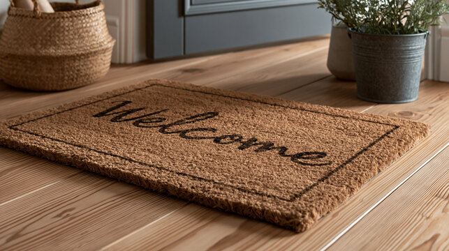 Coir welcome mat on wooden floor in bright entryway. Perfect for real estate and home hospitality concepts.