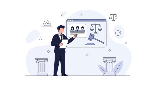 Lawyer presenting legal case online with digital justice symbols and courtroom elements