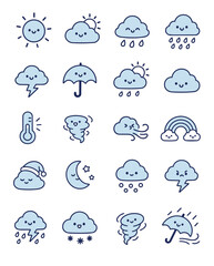 Obraz premium Set of cute kawaii weather icons, two-tone flat vector line illustration