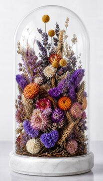 Beautiful arrangement of dried flowers in glass dome display