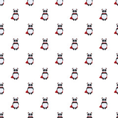Fototapeta premium Cartoon panda superheroes wearing red capes creating a cheerful seamless pattern design