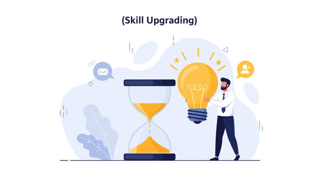 Man holding glowing light bulb near hourglass, symbolizing skill upgrading and new ideas