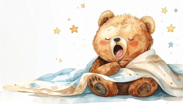 Schlafender kleiner B&auml;r mit Kuscheldecke im Aquarellstil